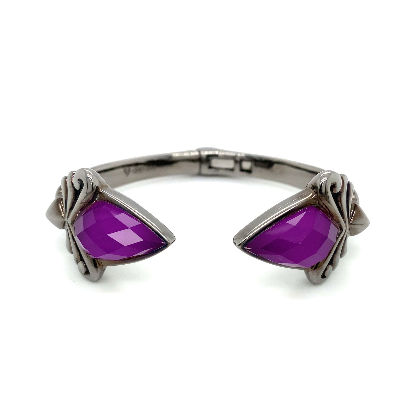 Stephen Webster Sterling Silver Hinged Bangle Bracelet: Stephen Webster Sterling silver hinged bangle bracelet with faceted glass stones and oxidized metal finish, with maker's mark, 2.25" inner diameter, 55.7g. LA210