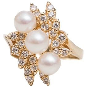 Diamond and Pearl 14 Karat Yellow Gold Cocktail Ring