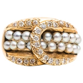 Diamond, Pearl and 14 Karat Yellow Gold Belt Buckle Cocktail Ring