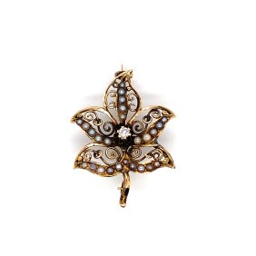 Vintage Floral Diamond, Pearl and Gold Filigree Brooch Pendant