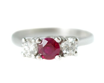GIA Certified 0.60 Carat Ruby and 0.60 Carat Diamond Three-Stone Platinum Ring