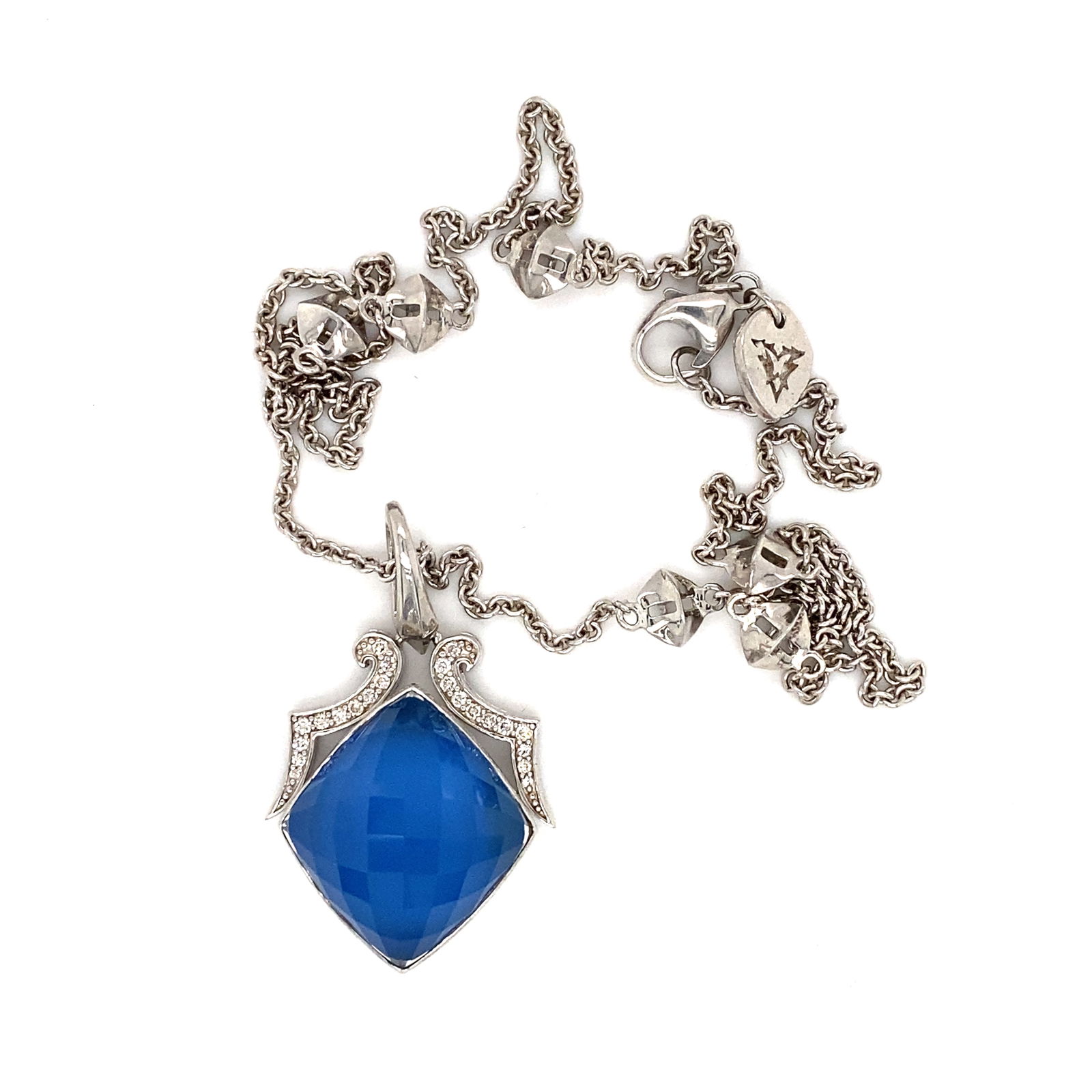 Stephen Webster Quartz and CZ Stones Necklace with Pendant in Sterling Silver: Stephen Webster Sterling silver station necklace with pendant, faceted quartz and CZ stones, 18" L, 14.7g Necklace. LA214