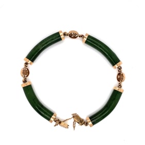 1960s Chinese Symbol Jade Brecelet in 14K Yellow Gold