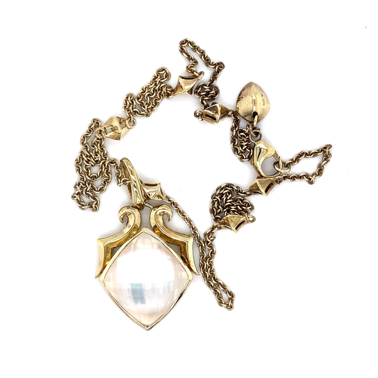 Stephen Webster Quartz with Mother of Pearl Pendant with necklace in Sterling Silver: Sterling silver Stephen Webster station necklace with pendant, faceted quartz with mother of pearl. 18" L, 16.0g. LA222