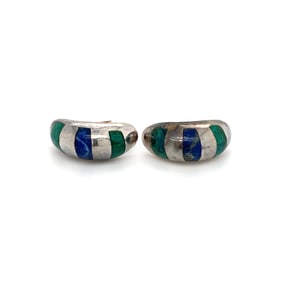 Circa 1960s Lapis Lazuli and Malachite Inlay Earrings in 950 Silver