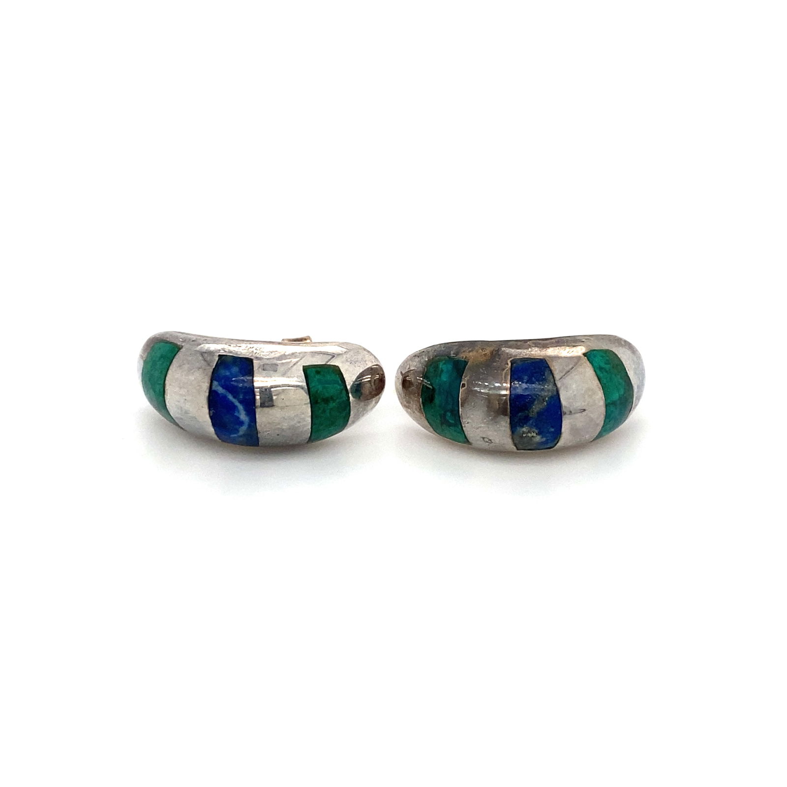 Circa 1960s Lapis Lazuli and Malachite Inlay Earrings in 950 Silver: 950 silver earrings, 1960s, with lapis lazuli and malachite inlay, post backs, apx 0.75" L, 5.0g. LA241