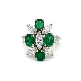 Circa 1960s Emerald and Diamond Cocktail Ring in Platinum