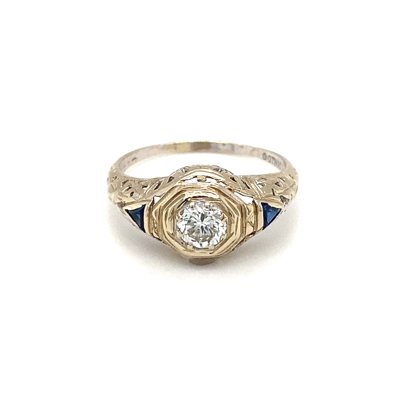 Circa 1920s Art Deco 0.50cts Old European Diamond and Sapphire Ring in 14K White Gold (1 of 7)