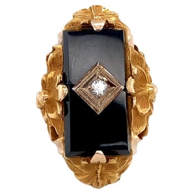 Circa 1920s Art Deco Onyx and Diamond Floral Ring in 14 Karat Gold