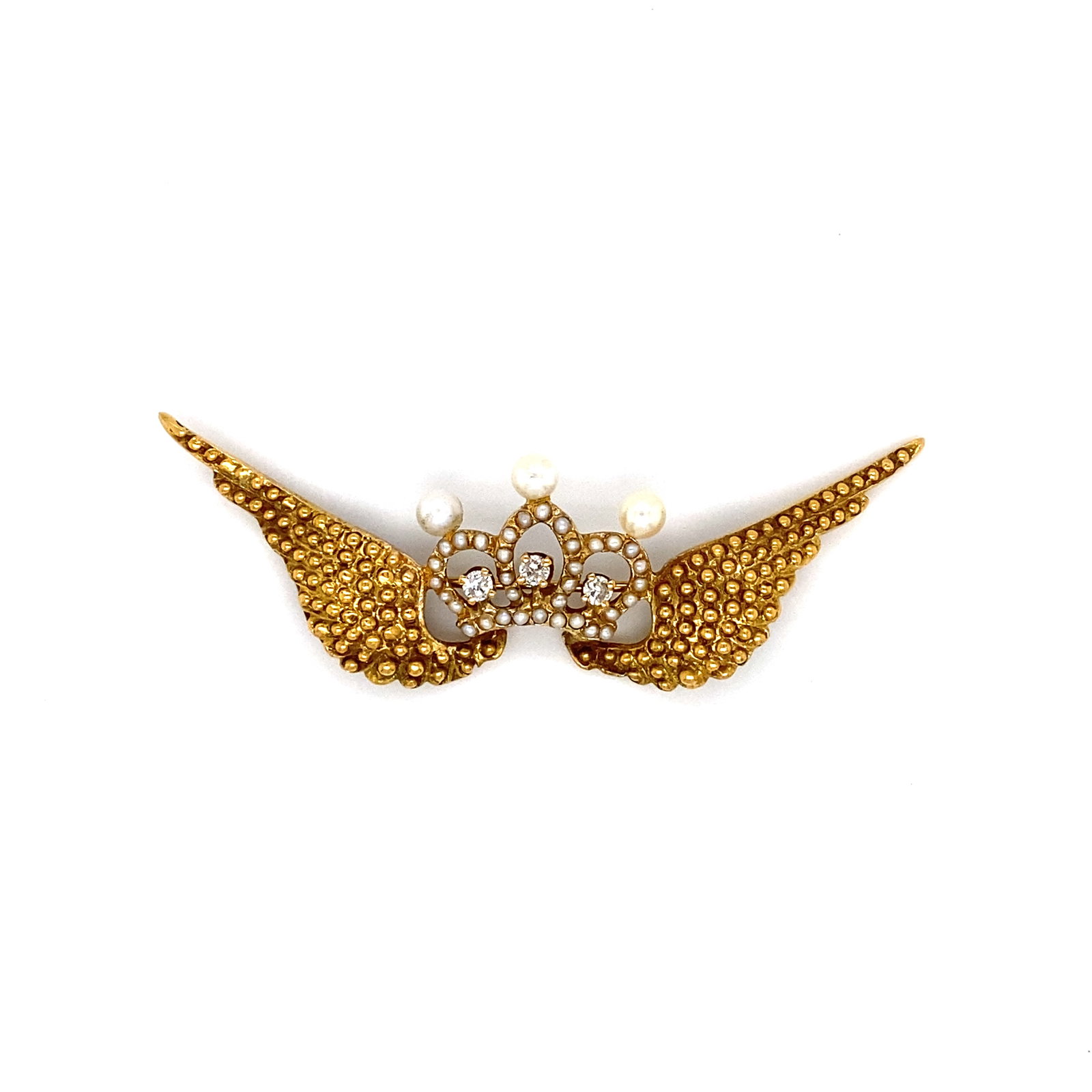 14K Gold Pearl and Diamond Wings Brooch: Estate 14k gold brooch with crown and wings design, with seed pearls and diamonds approximately 0.30ctw, I1 clarity G color, 2.25"W, 5.0g