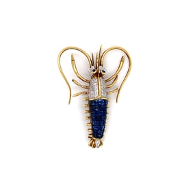 Estate Sapphire and Diamond Lobster Brooch, 18K Gold