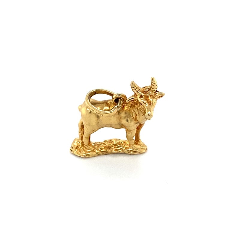 1950s Goat Charm set in 18 Karat Yellow Gold: Item Details: Metal: 18 Karat Yellow Gold, Weight: 4.2 grams, Measurements: .75 inches long x .5 inches wide. Item Features, This stunning 1950s retro goat charm is set in 14 karat gold. Capricorns, t