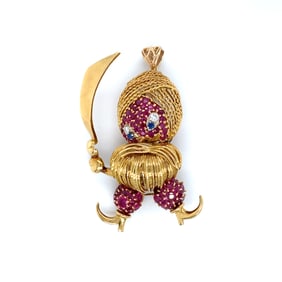 18K Gold Swordsman Brooch with Rubies, Diamonds, and Sapphires