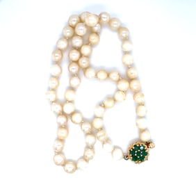Circa 1960s Pearl Choker Strand with Emerald Clasp in 14 Karat Gold