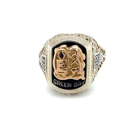 Circa 1928 Initial E Green Bay Class Ring in Two Tone 14 Karat Gold