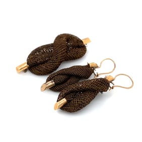 Victorian Hairwork Earrings and Brooch Set, 14K Gold