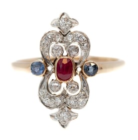 Edwardian Ruby, Sapphire, Diamond Shield Ring