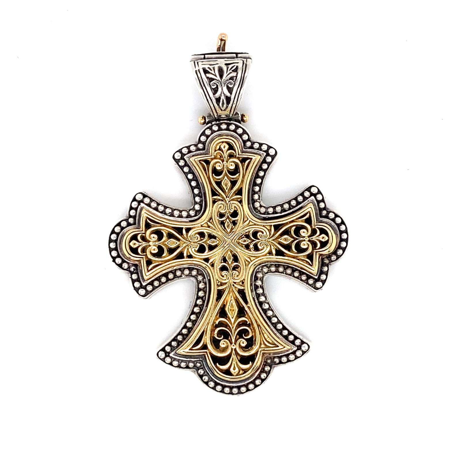 Konstantino Sterling Silver/18K Gold Cross Pendant: Konstantino cross pendant in sterling silver and 18k yellow gold. This pendant by Konstantino has masterfully crafted goldwork and silver etching on the reverse. Stamped "KONSTANTINO". 2"L including b