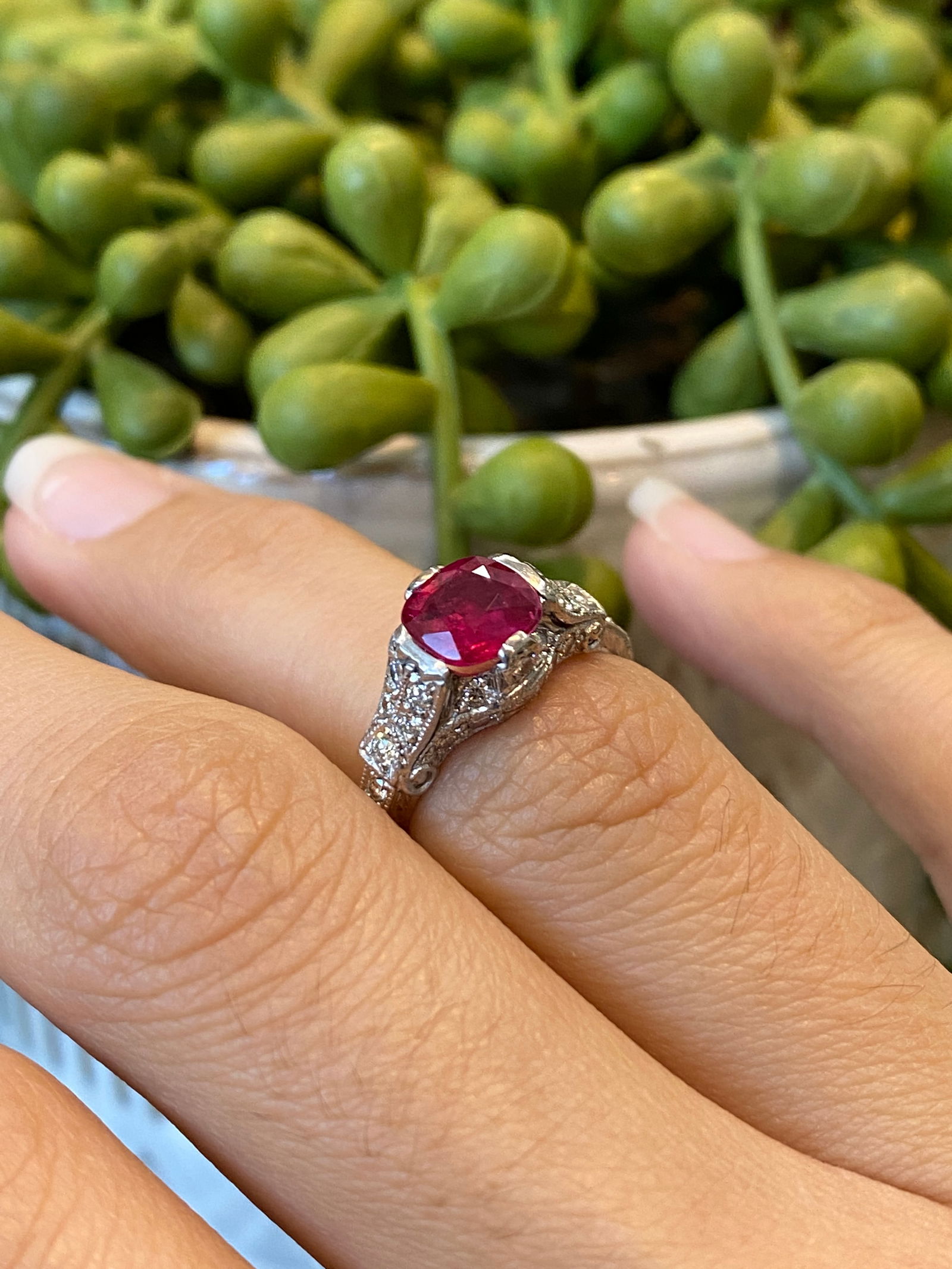 Estate Art Deco Ruby and Diamond Etched Design on Shank Ring in Platinum (1 of 8)