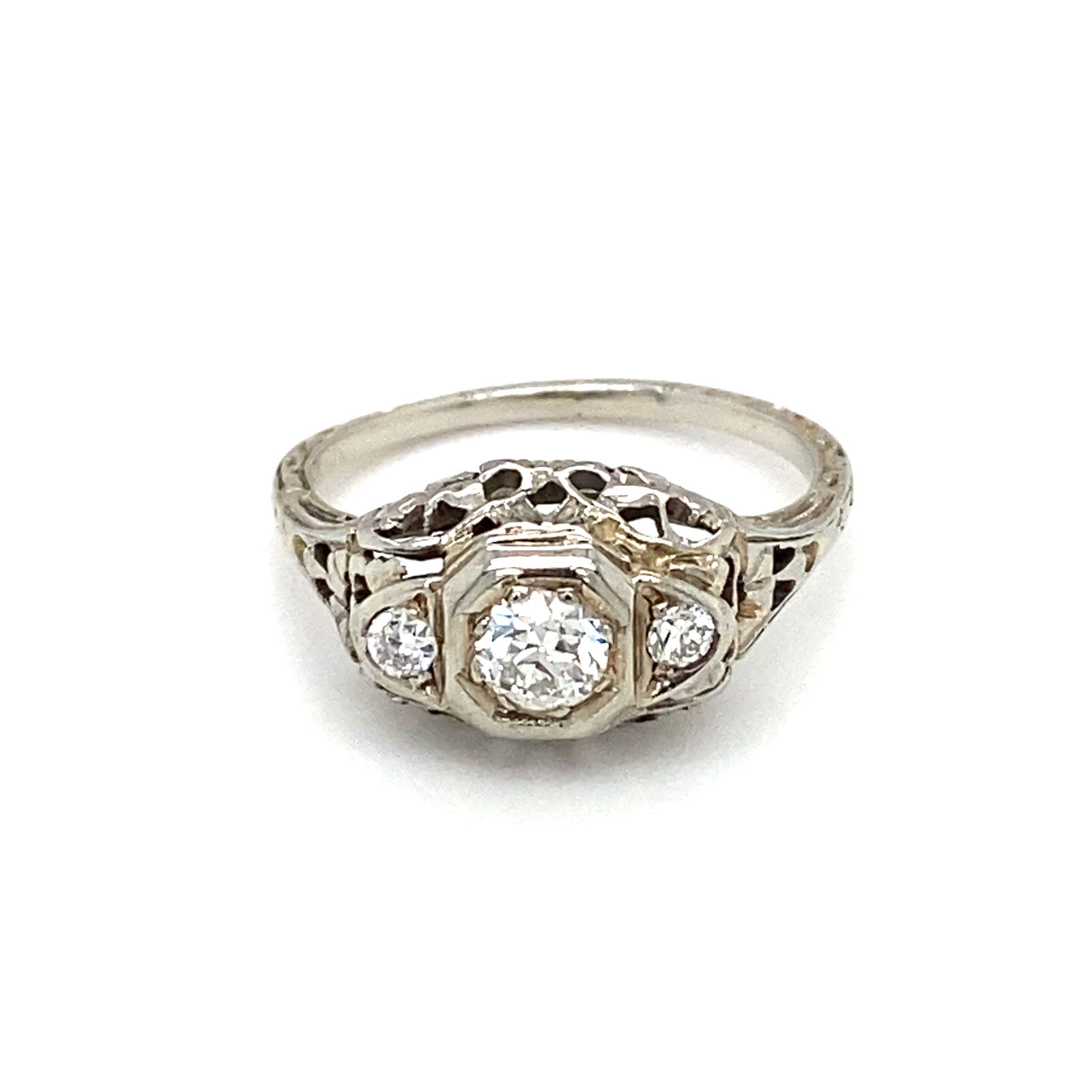Circa 1920s Art Deco Diamond Filigree Ring in 18K White Gold (1 of 8)