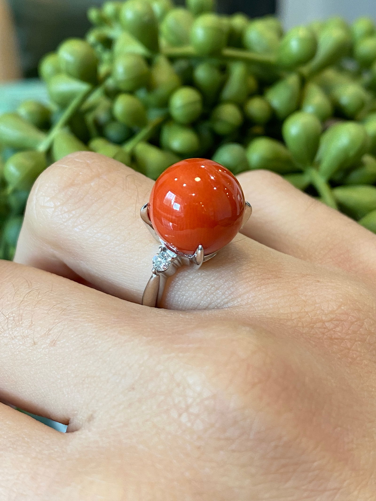 Coral and Diamond Ring in Platinum (1 of 8)