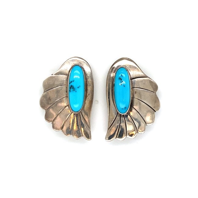 1950s Sterling Silver Oval Turquoise Fan Clip Earrings (1 of 4)
