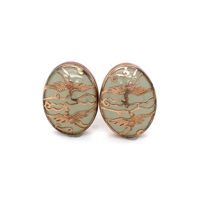 10K Crane Design Jade Cufflinks: 10K Crane Design Jade Cufflinks.Weight: 12.1g