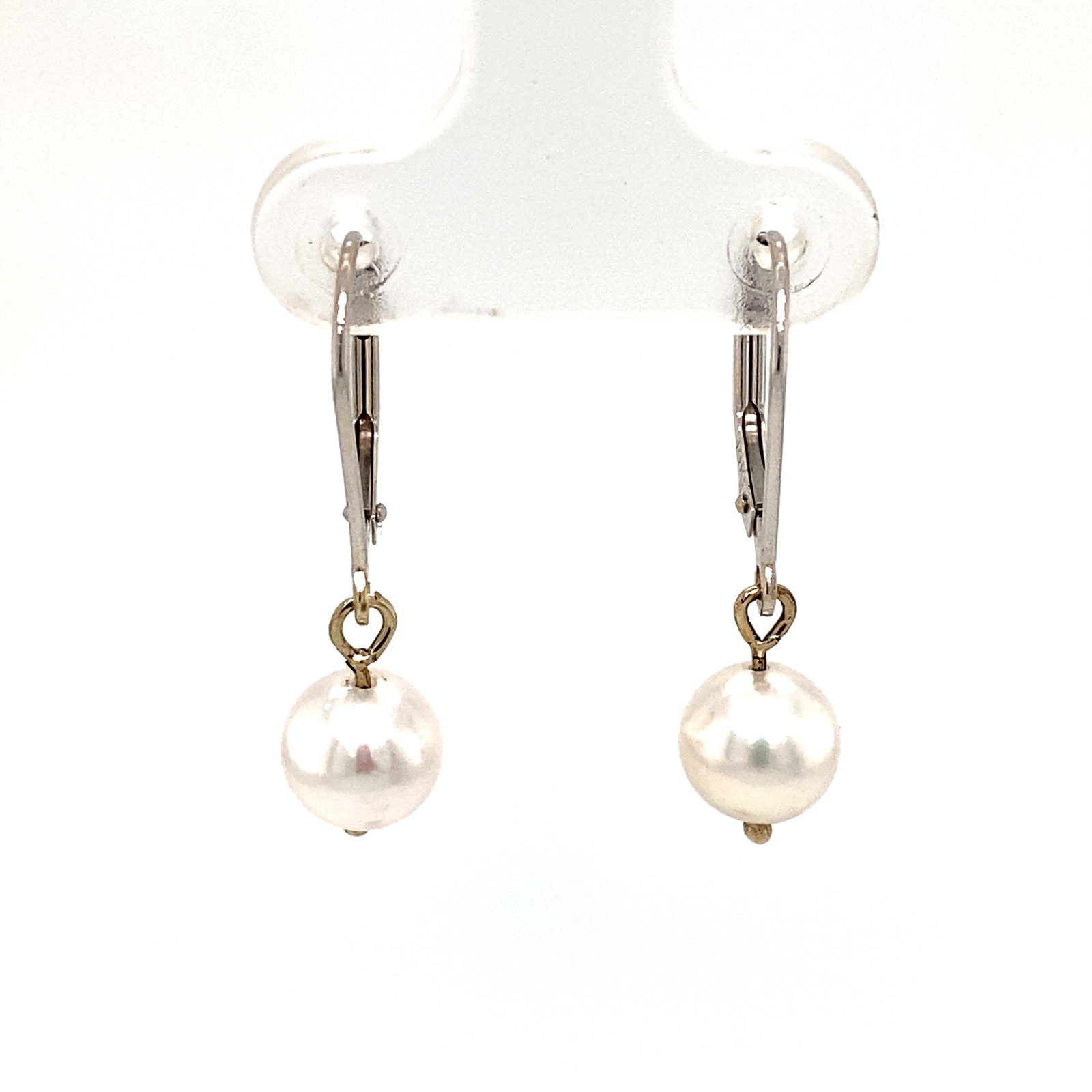 Pearl Earrings with Lever Back in 14K White Gold: Metal type: 14K White Gold, Gemstone: Pearl, 7 mm diameter, Dimensions 15.25 x 9 mm, Weight: 1.7 g