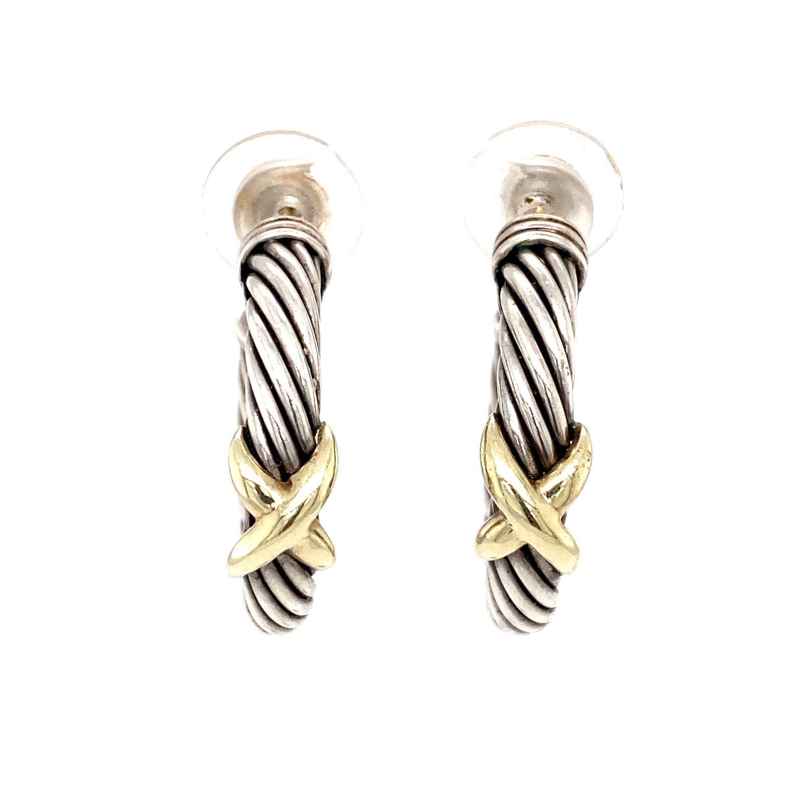 David Yurman "X" Cable Hoop Earrings in 14K Gold and Sterling Silver: Signature: David Yurman, Metal type: 14K Yellow Gold and Sterling silver, Dimensions: Approximately 1 inch Length, Weight: 9.9 g