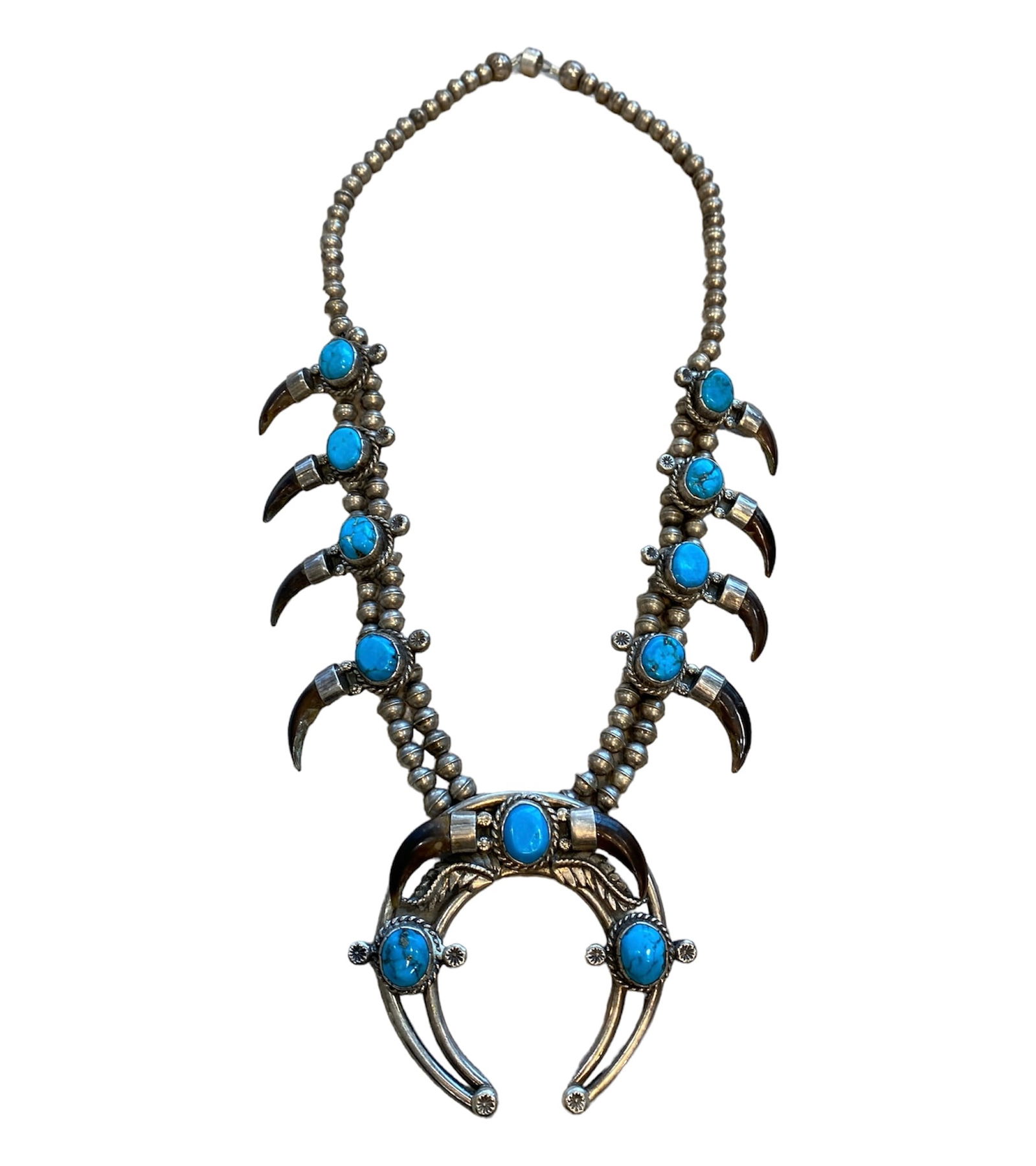 Circa 1970s Native American Turquoise Squash Blossom Necklace with Horn in Sterling Silver (1 of 5)