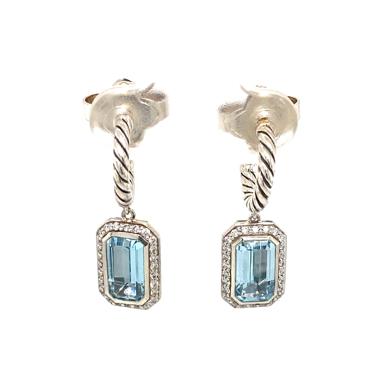 David Yurman Blue Topaz and Diamond Earrings in Sterling Silver: Brand: David Yurman, Metal type: Sterling Silver, Gemstones: Blue Topaz and Diamond, Dimensions: 1" Height, Weight: 5.1 g