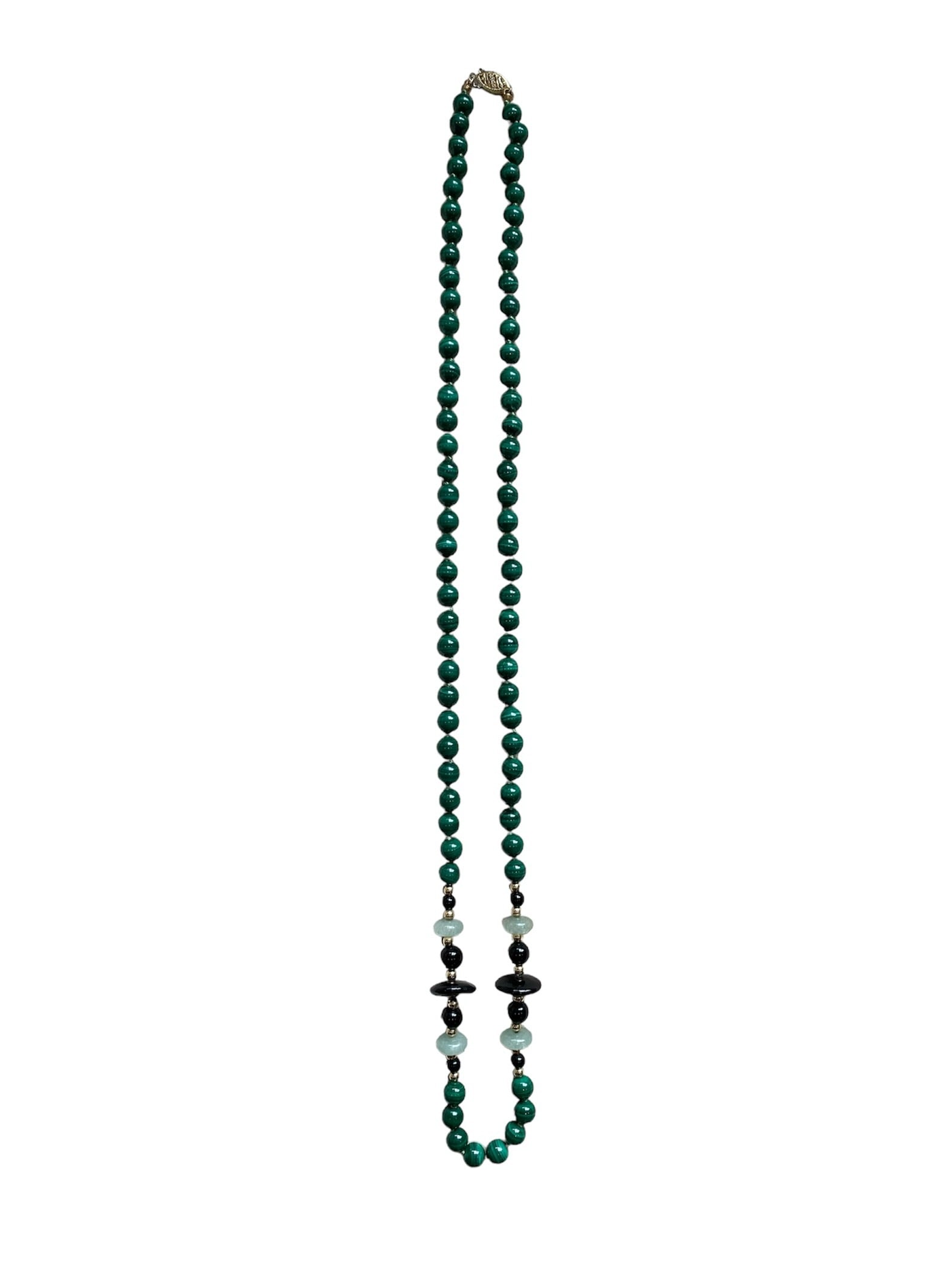 Malachite, Onyx and Aventurine Beaded Necklace in 14K Yellow Gold: Metal type: 14K Yellow Gold, Gemstones: Malachite, Onyx and Aventurine, Design: Beaded necklace, Dimensions: 24" Length, Beaded dimensions: 6 mm diameter, Weight: 41.7 g