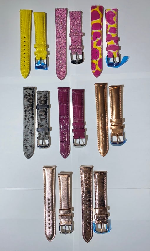 Lot of 8 Michele Leather Watch Bands: Lot of 8 Michele genuine leather watch bands of varying design and color. Each comes with fabric pouch.