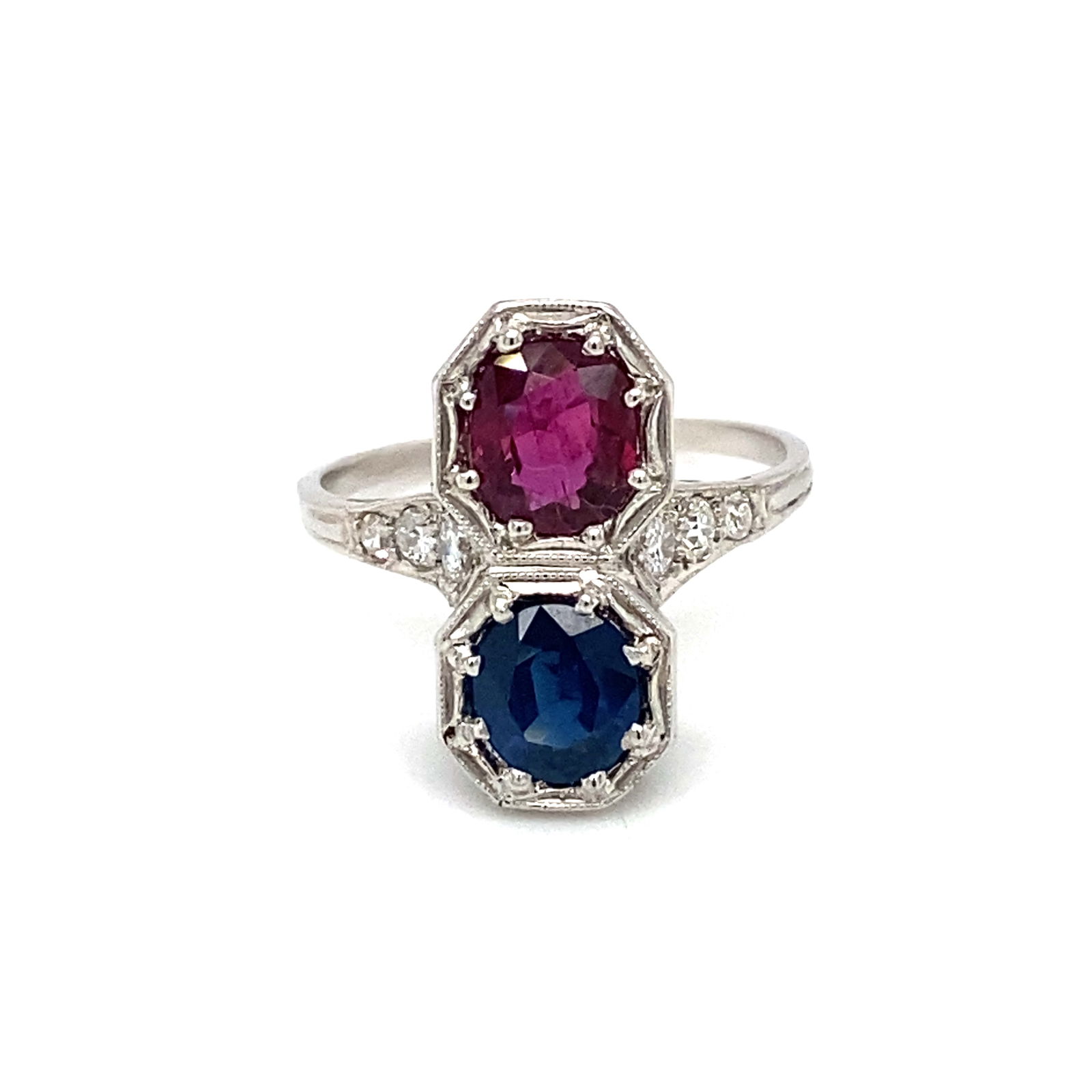 Circa 1920s Art Deco Ruby, Sapphire and Diamond Ring in Platinum (1 of 7)