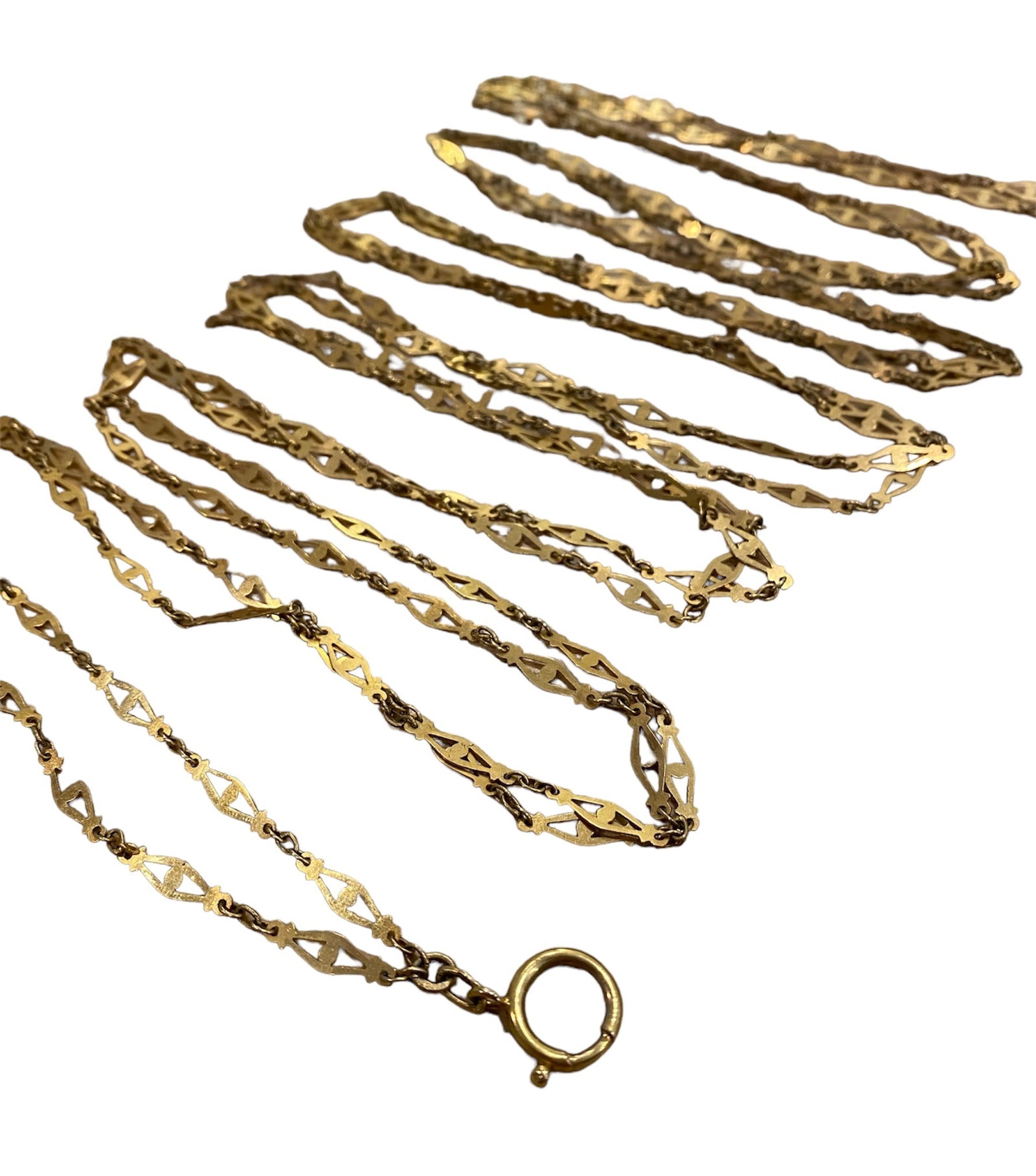 Circa 1900s Edwardian Guard Watch Chain in 14K Yellow Gold: Era: Edwardian, Condition: Excellent quality, Metal type: 14K Yellow Gold, Dimensions: 120" Length, Weight: 28.0 g