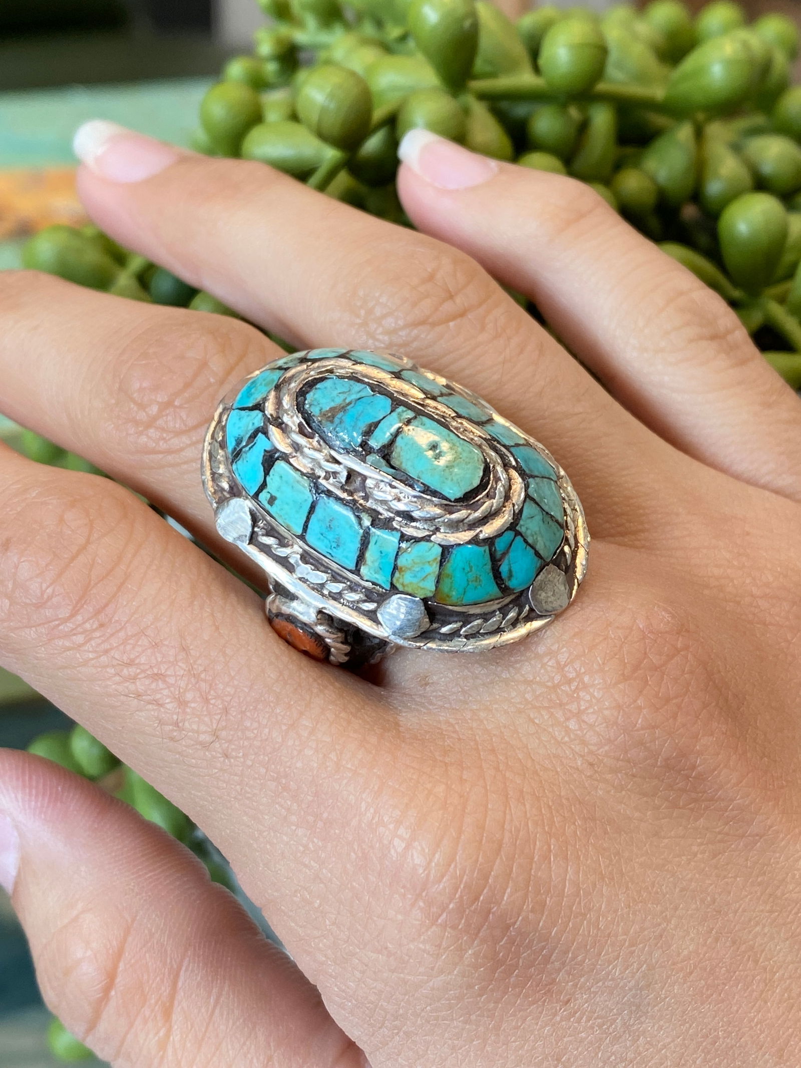 Circa 1970s Native American Inlaid Turquoise Ring with Coral in Sterling Silver (1 of 8)