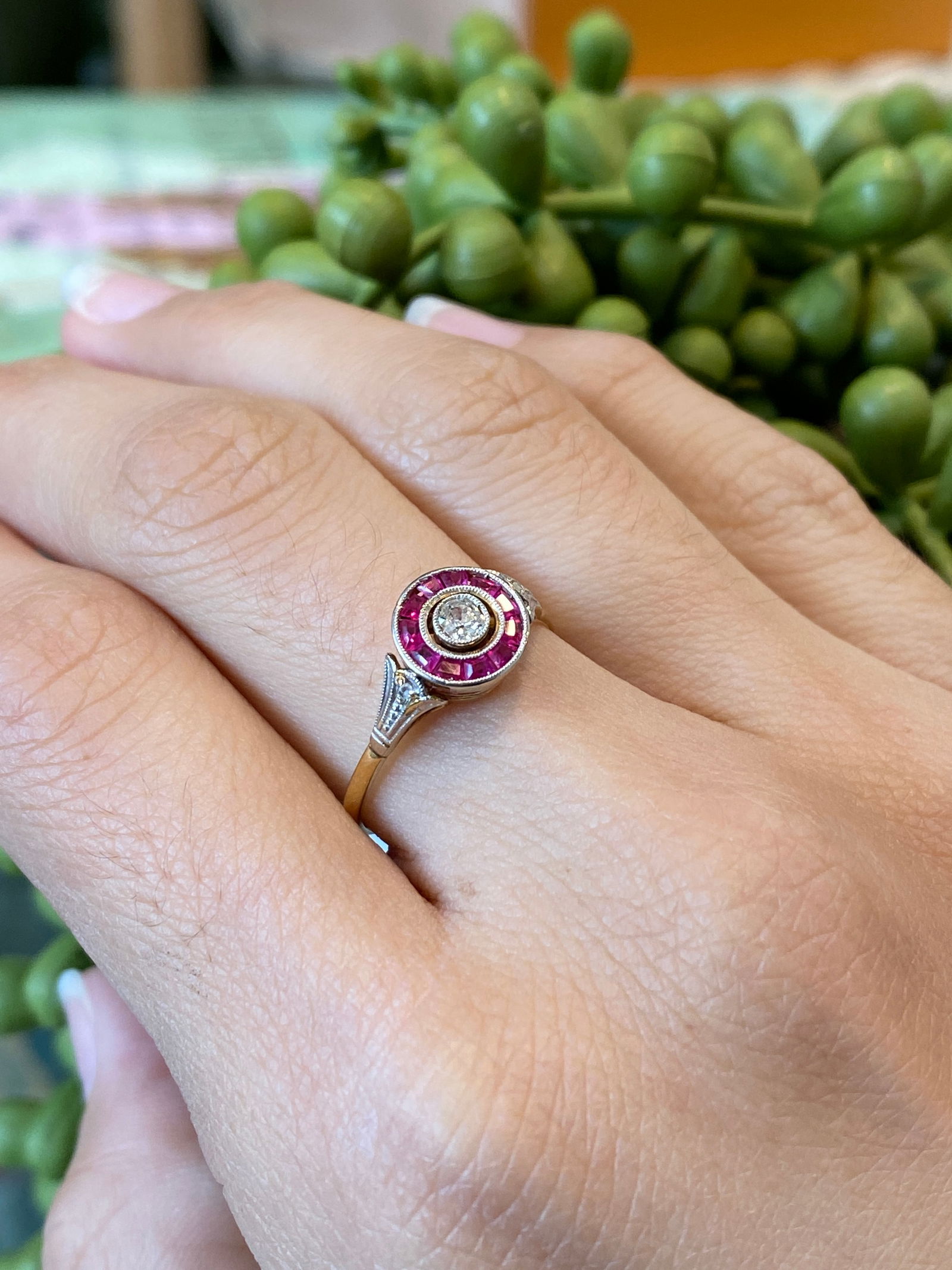Circa 1920s Art Deco Ruby and Diamond Ring in 14K Gold and Platinum (1 of 8)