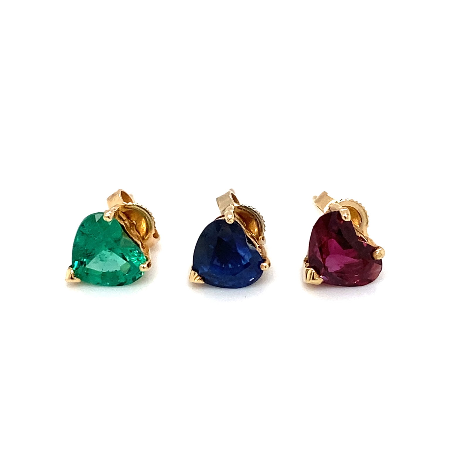Set of Three Synthetic Ruby, Sapphire & Emerald Stud Earrings in 14K Gold (1 of 8)
