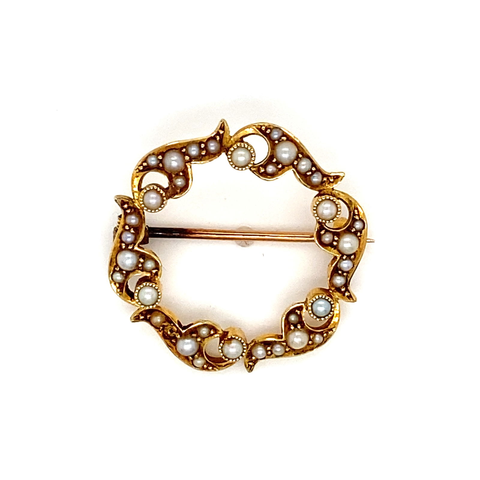 Circa 1860s Seed Pearl Brooch with Original Box in 15 Carat Gold (1 of 5)