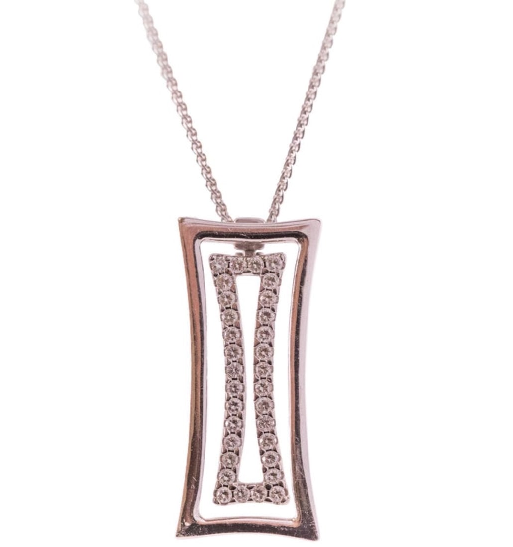 Chimento Rectangular Diamond Pendant and Chain, 18K White Gold: 18k white gold pendant and chain made by Chimento (Italy), with diamonds at 0.40 carat total weight, F color VVS-VS clarity. Chain is adjustable to 24.5 inches. Pendant measures 2.5cm x 1cm. 7.8 grams