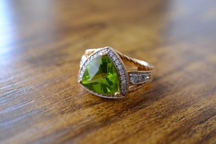 Levian Trillion Cut Peridot and Diamond Ring in 14K Yellow Gold