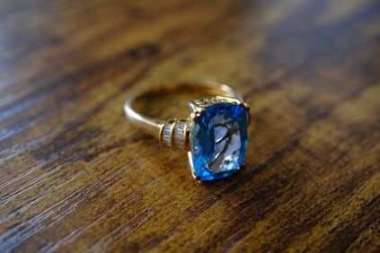 Designer Blue Topaz and Diamond Ring in 10K Yellow Gold