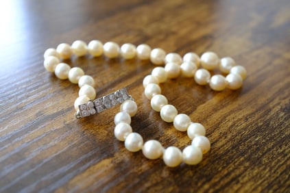 Estate Pearl Strand Necklace with Diamond Clasp in 18K White