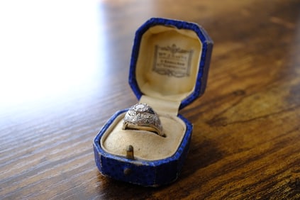 Estate Natural Diamond and Sapphire Ring in 18K White Gold