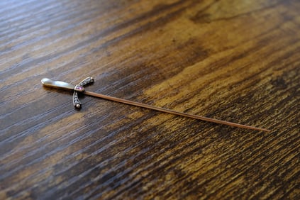 Estate Antique Diamond, Ruby abd Pearl Sword Pin in 14K Yellow Gold