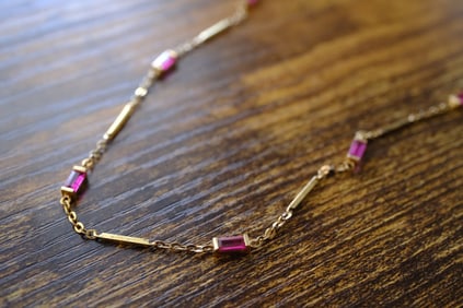 Estate Natural Ruby Station Necklace in 18K Yellow Gold