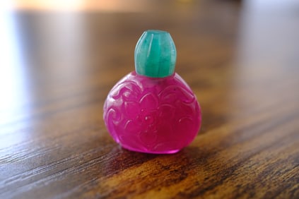 Hand Carved Red Ruby Shuff Bottle with Emereald Stopper