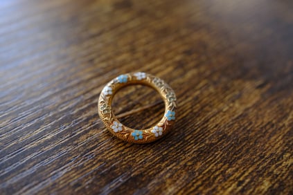 Estate Enamel Floral Cricle Brooch in 14K Yellow Gold