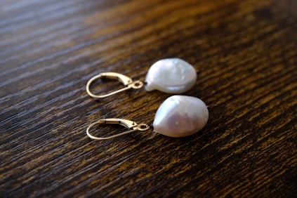 Designer Baroque Pearl Dangle Earrings in 14K Yellow Gold