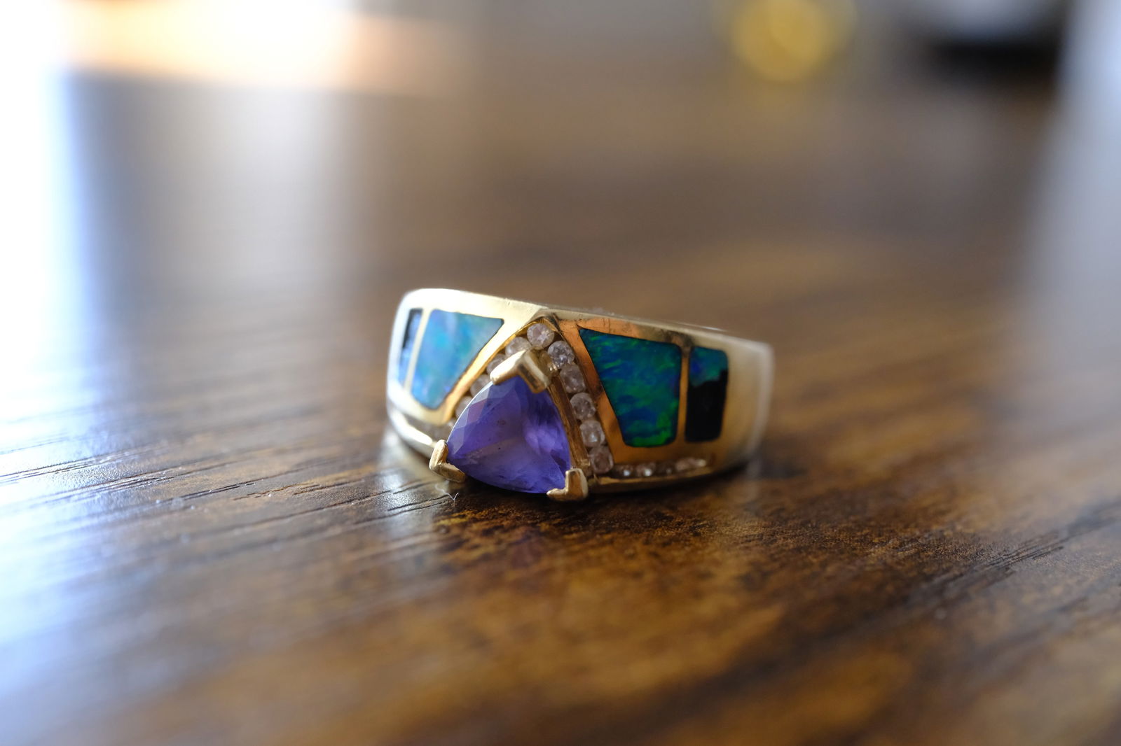 Designer Opal Inlay, Tanzanite and Diamond Fashion Ring in 14K Yellow Gold (1 of 8)